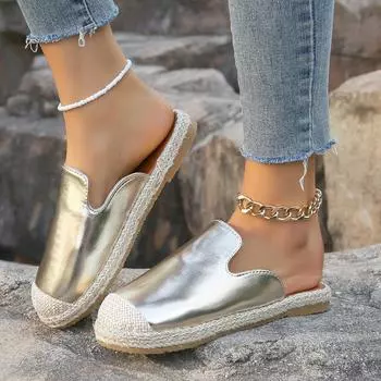 Женские тапочки, новые летние туфли на плоской подошве для женщин, тапочки с круглым носком, повседневные сандалии для прогулок, женские шлепанцы, Zapatos De Mujer 36 золотой