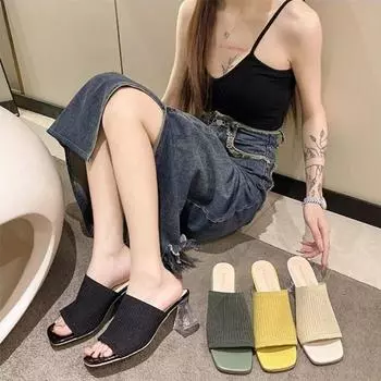 Женские тапочки, новые летние удобные тапочки с закрытым носком, женские модные уличные сандалии с тканым узором, женские тапочки на среднем каблуке 35