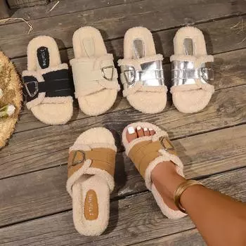 Женские тапочки Новые меховые плюшевые римские тапочки на платформе Удобные легкие туфли на плоской подошве для женщин Шлепанцы женские Zapatos De Mujer 35 бежевый