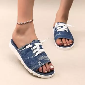 Женские тапочки, новые модные плоские джинсовые пляжные сандалии Fish Mouth, повседневный дизайн, удобные женские тапочки, большие размеры, женские шлепанцы 36 светло-синий