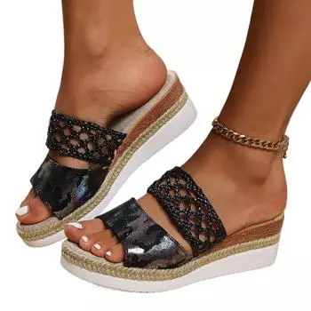 Женские тапочки, новые модные ретро-римские сексуальные пляжные сандалии, повседневные тапочки с цветочным принтом на танкетке, женские удобные шлепанцы на платформе для женщин 41