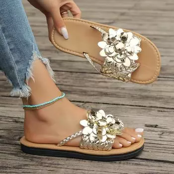 Женские тапочки, новые модные шлепанцы, праздничные тапочки, плетеные туфли с цветочным узором, сандалии на плоской подошве с открытым носком, женские шлепанцы 35