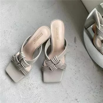 Женские тапочки, новые популярные женские плетеные шлепанцы на каблуке, летние шлепанцы для отдыха на открытом воздухе, пляжные женские сандалии 35 светло-коричневого