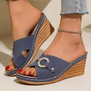 Женские тапочки Новые шлепанцы со стразами Женские босоножки Летние туфли-лодочки Ретро танкетка Платформа Повседневные женские туфли на высоком каблуке 36 чёрный