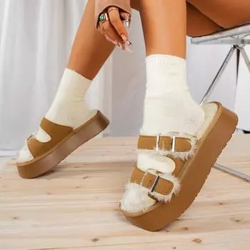 Женские тапочки, новые туфли на платформе с открытым носком и пряжкой, для женщин, плюшевые теплые модные тапочки, удобные нескользящие тапочки для женщин 35 бежевый