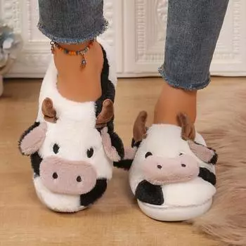 Женские тапочки, новые зимние унисекс, теплые плюшевые тапочки с рисунком коровы, парные домашние нескользящие тапочки с липучкой для дома из хлопка 36-37 белый