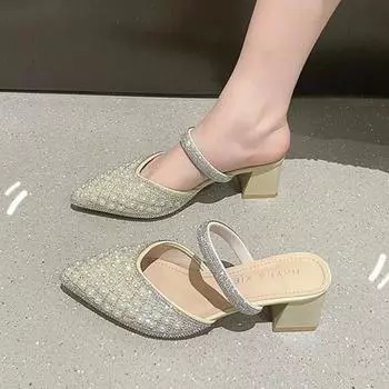 Женские тапочки, обувь с острым носком для женщин, вечерние тапочки высокого качества, однотонные шлепанцы на каблуке, новые модные тапочки 35