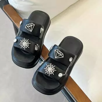 Женские тапочки, однотонные, с одной линией, толстые подошвы, противоскользящие, с металлическим декором, модные, простые, для дома и отдыха, пляжные сандалии 35-36