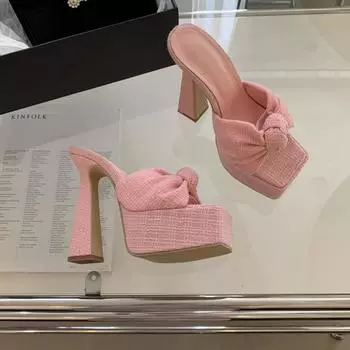 Женские тапочки Outside13CM ультра-высокий каблук сандалии водонепроницаемая платформа квадратный нос плетеный бант высокий каблук крутые тапочки для женщин 34 розовый