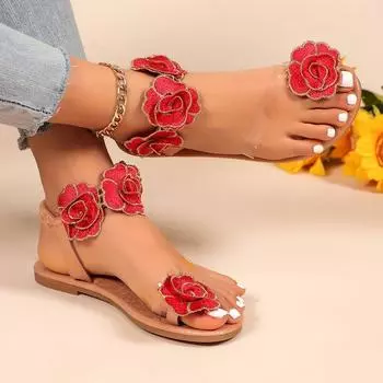 Женские тапочки Повседневные босоножки в стиле бохо с цветами Женские легкие повседневные туфли Модные сандалии слипоны Летние шлепанцы Женские 36 красный