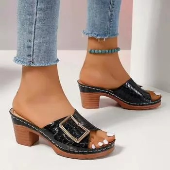 Женские тапочки, повседневные туфли из искусственной кожи на среднем толстом каблуке, элегантные шлепанцы с металлической пряжкой, черные, коричневые, на платформе 36 чёрный