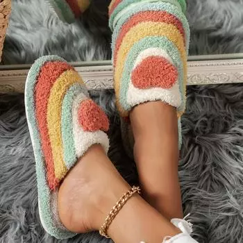 Женские тапочки Rainbow Heart, теплые плюшевые туфли с закрытым носком, домашние тапочки из ворса для спальни 36-37 красный