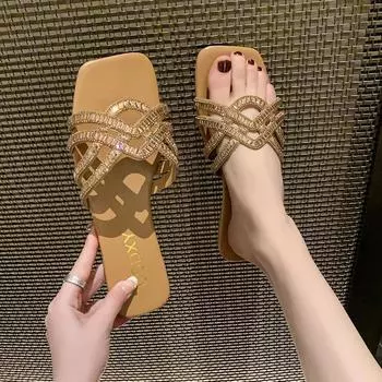 Женские тапочки, роскошный дизайн, женские летние шлепанцы со стразами на плоской подошве, уличные модные женские тапочки, повседневные вечерние пляжные шлепанцы 35