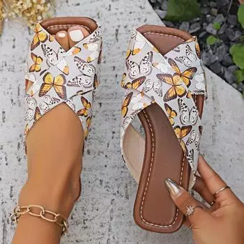 Женские тапочки с бабочками, новые пляжные туфли с перекрестными ремешками и принтом на плоской подошве, тапочки, женская обувь 36 чёрный