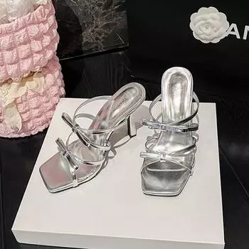 Женские тапочки с бантом-бабочкой, квадратный носок, каблуки, сандалии с перекрестными ремешками, сексуальные высокие каблуки, клубная вечеринка, повседневная обувь слипоны 35