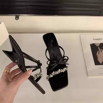 Женские тапочки с бантом из кристаллов, сандалии, летние туфли на среднем каблуке, дизайнерские шлепанцы для улицы, туфли-лодочки с открытой пяткой 35 серебряный