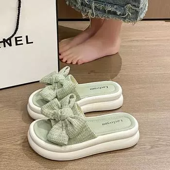 Женские тапочки с бантом на платформе, летние шлепанцы на плоской подошве, 2024, новые модные пляжные сандалии для прогулок, женские сапатиллы 38 бежевый