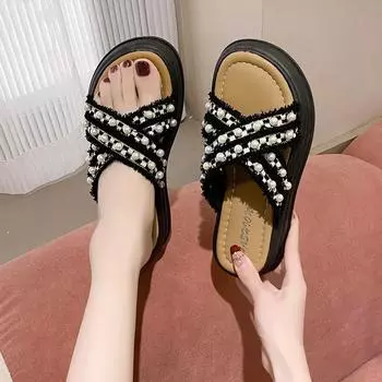 Женские тапочки с бантом, новинка 2024 года, летняя пляжная повседневная обувь на плоской подошве, предназначенная для женских трендовых брендовых пляжных шлепанцев с открытым носком, женские Mujer 35 чёрный