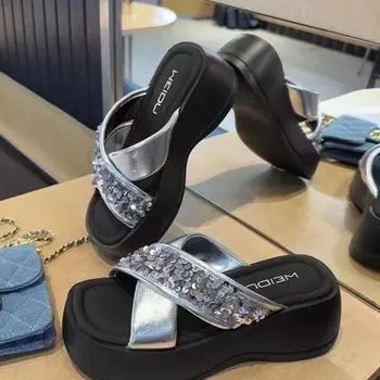 Женские тапочки с блестками, летняя пляжная обувь на платформе с открытым носком, женские тапочки, уличная однотонная женская обувь с перекрестными ремешками 35