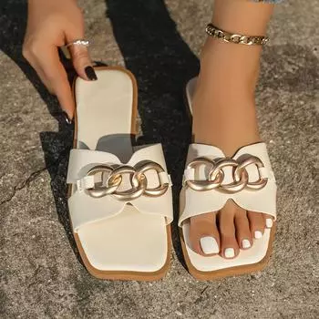 Женские тапочки с цепочкой, летние роскошные уличные сандалии на плоской подошве с квадратным носком, женские шлепанцы, новый корейский тренд, большой размер 36-43 36