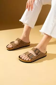 Женские тапочки с двойной пряжкой на анатомической подошве и каменной деталью 51-600-24