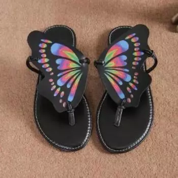 Женские тапочки с граффити-бабочкой, новые летние модные легкие противоскользящие шлепанцы с плоской подошвой, уличная пляжная повседневная обувь 36 чёрный
