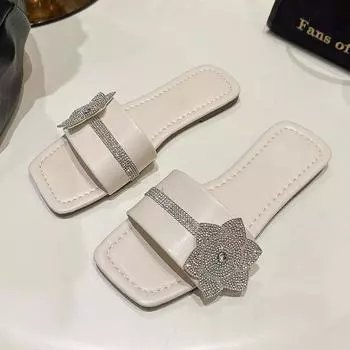 Женские тапочки с хрустальным цветком, летние роскошные сандалии на плоской подошве, дизайнерские туфли с квадратным носком, шлепанцы с открытой пяткой, женские шлепанцы 35