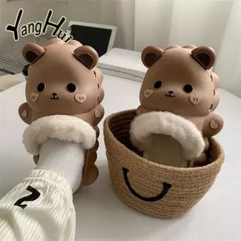 Женские тапочки с изображением кролика из мультфильма, плюшевые, шерстяные, теплые, на платформе, домашние, хлопковые, съемные, зимние, сандалии на плоской подошве, 2024, новая мода 36-37