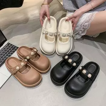 Женские тапочки с круглой головкой, инкрустированные жемчугом, летние, новые, стильные, милые, пляжные, однотонные 35