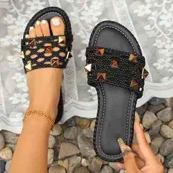 Женские тапочки с круглым носком, повседневные плоские тапочки, пляжные летние новые роскошные сандалии, шлепанцы, модные прогулочные шлепанцы с открытым носком для женщин 35