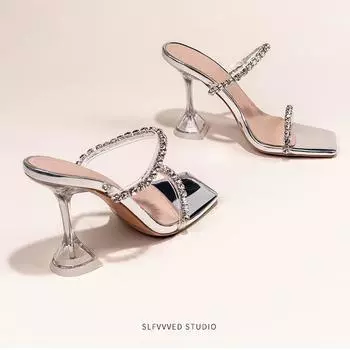 Женские тапочки с квадратной головкой и стразами на высоком каблуке, односложные, летние 2025 года, белые, с эффектом подчеркивания, классные тапочки в форме бокала для вина 35