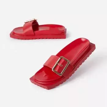 Женские тапочки с квадратной пряжкой, блестящие красные, черные, с квадратным носком, женские тапочки, лето 2024 г., на платформе, на среднем каблуке, шлепанцы, пляжная обувь 36 чёрный