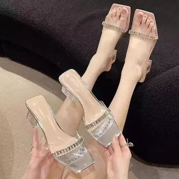 Женские тапочки с квадратным носком, летние 2024, новые модные мягкие роскошные шлепанцы, женские дизайнерские тапочки на высоком каблуке, женские сандалии Mujer 35 розовый