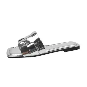 Женские тапочки с квадратным носком, летние женские туфли больших размеров, лаконичные тапочки с открытым носком на плоской подошве для женщин, повседневные женские сандалии для отдыха на природе 36 серебряный