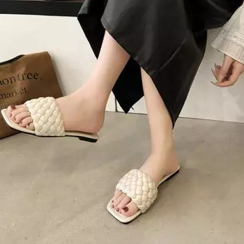 Женские тапочки с квадратным носком, пляжные сандалии, женские повседневные шлепанцы, женская плетеная обувь, женские шлепанцы, модные тапочки 36 бежевый