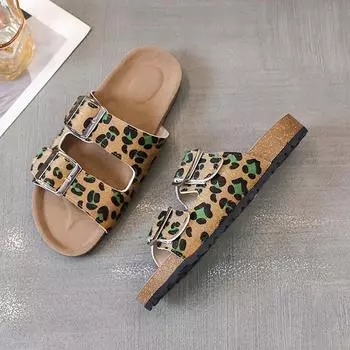 Женские тапочки с леопардовым принтом, пляжные сандалии с открытым носком, летние туфли на плоской платформе с открытой пяткой, 2024, повседневные шлепанцы для ходьбы, женские шлепанцы 35
