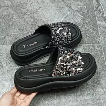 Женские тапочки с мягкой подошвой и пайетками — хит продаж летом 2024 года. Модные женские тапочки с открытым носком 35 чёрный