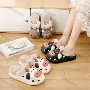 Женские тапочки с мультяшным принтом, милые пушистые домашние тапочки на платформе, женские зимние плюшевые тапочки для дома, пушистые тапочки из хлопка 36-37 чёрный