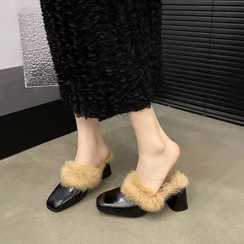Женские тапочки с острым носком Элегантные мюли Тапочки Осенние меховые туфли на высоком каблуке Женские офисные туфли для работы Женские туфли Zapatos De Mujer 35 коричневый