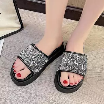 Женские тапочки с открытым носком и блестками, большого размера, на толстой подошве, летняя, новая, для отдыха на природе, пляжная, модная, повседневная женская обувь 37