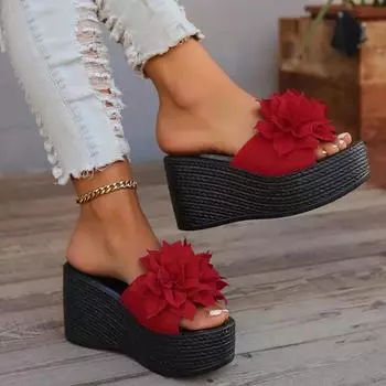 Женские тапочки с открытым носком и покатым каблуком, цветочные узоры, летние хиты продаж 2024 года, модные летние женские туфли для отдыха на открытом воздухе 34 бежевый