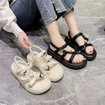 Женские тапочки с открытым носком и толстой подошвой с металлическим украшением в виде бабочки для отдыха на пляже, прогулок, поездок на работу, женская обувь 35