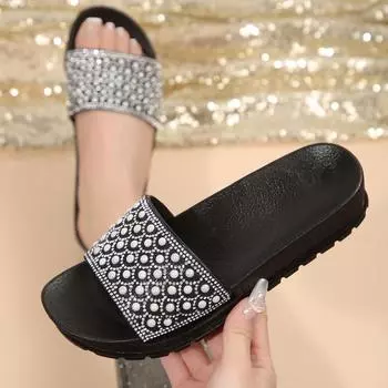 Женские тапочки с открытым носком, инкрустированные жемчугом, простые модные повседневные тапочки, новые летние туфли для прогулок на пляже 41