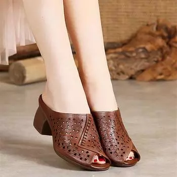 Женские тапочки с открытым носком, удобные универсальные женские босоножки на среднем каблуке с узором «рыбий рот» 35 белый