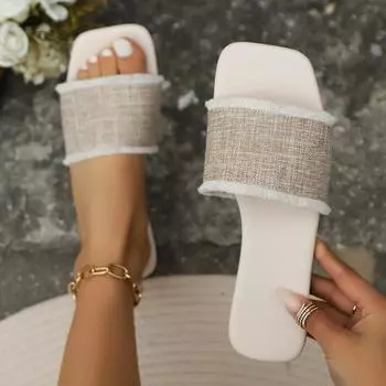 Женские тапочки с плоской подошвой, лето 2024, Новая Европа и Соединенные Штаты, модные большие ярды, «рыбий рот», открытый носок, квадратная голова, слово «перетащить» 36 светло-бежевый