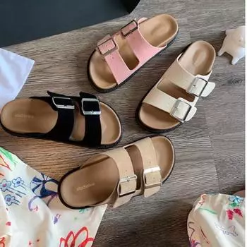 Женские тапочки с плоской подошвой, прямого покроя, квадратной пряжкой, на толстой подошве. Пляжная обувь 35 розовый