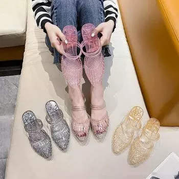 Женские тапочки с полупальцами, модные летние нескользящие сандалии, классные домашние тапочки с кристаллами на танкетке, женские 40-41 белый