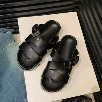 Женские тапочки с пряжкой на ремне снаружи, тапочки с толстой подошвой, повседневные кожаные сандалии в римском стиле на толстой подошве, пляжная обувь для женщин 35 белый