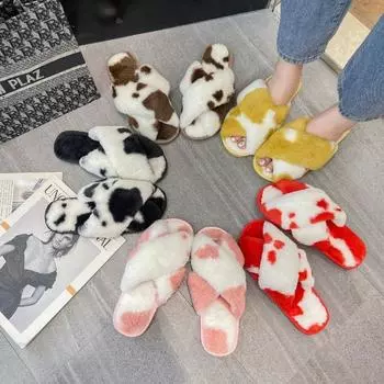 Женские тапочки с рисунком коровы, зимние, плюшевые, модные, удобные, хлопковые, домашние, нескользящие, повседневные тапочки 36-37 чёрный