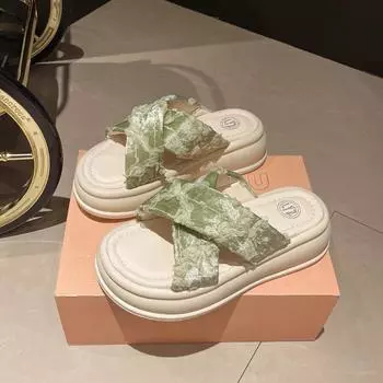 Женские тапочки с толстой подошвой, летние новые домашние тапочки с крестиком, кружевные цветочные женские туфли 38 зелёный